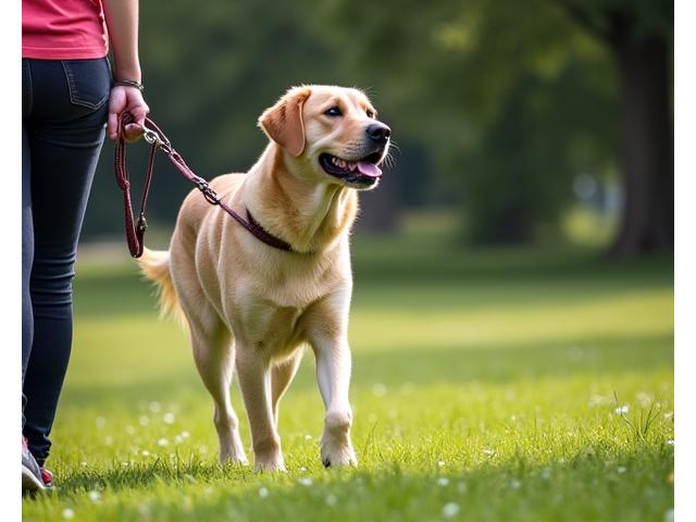 Labrador Retriever on a walk with owner, illustrating good leash manners